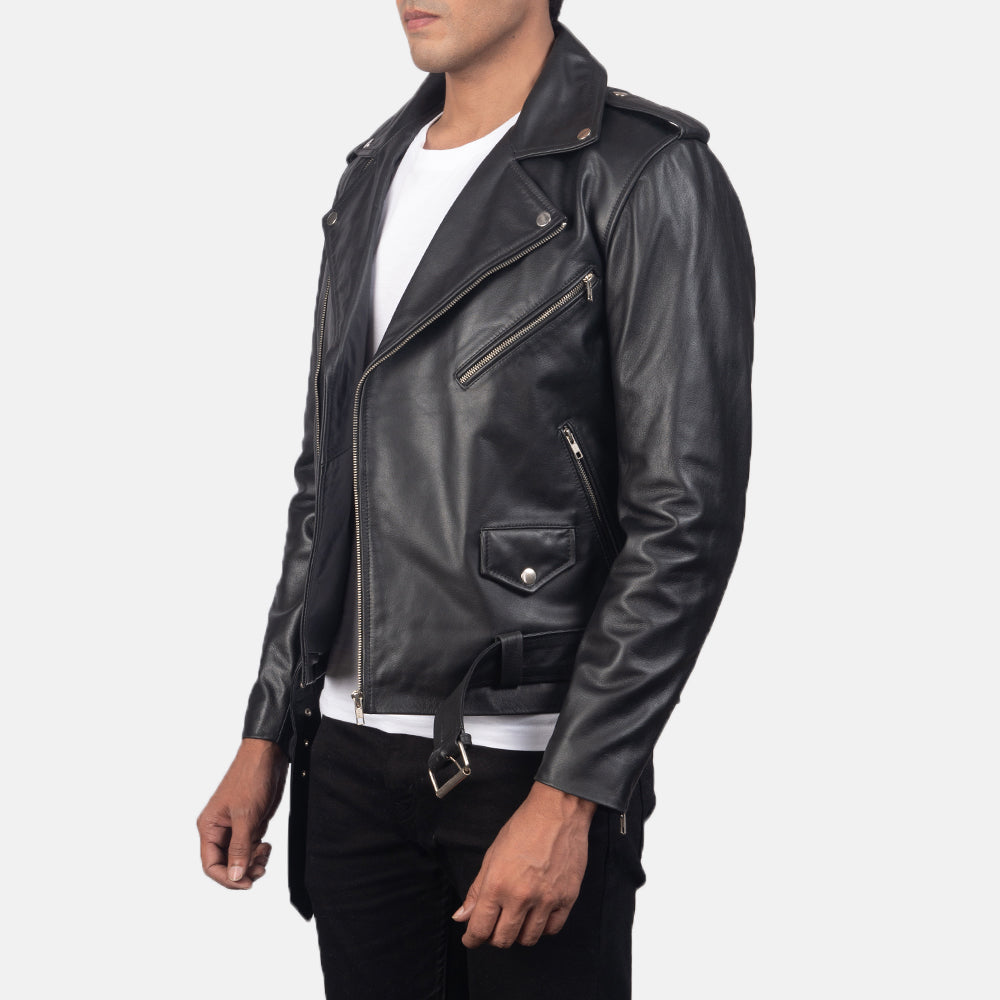 New Men Black Belted Moto Motorcycle Riding Leather Biker Jacket