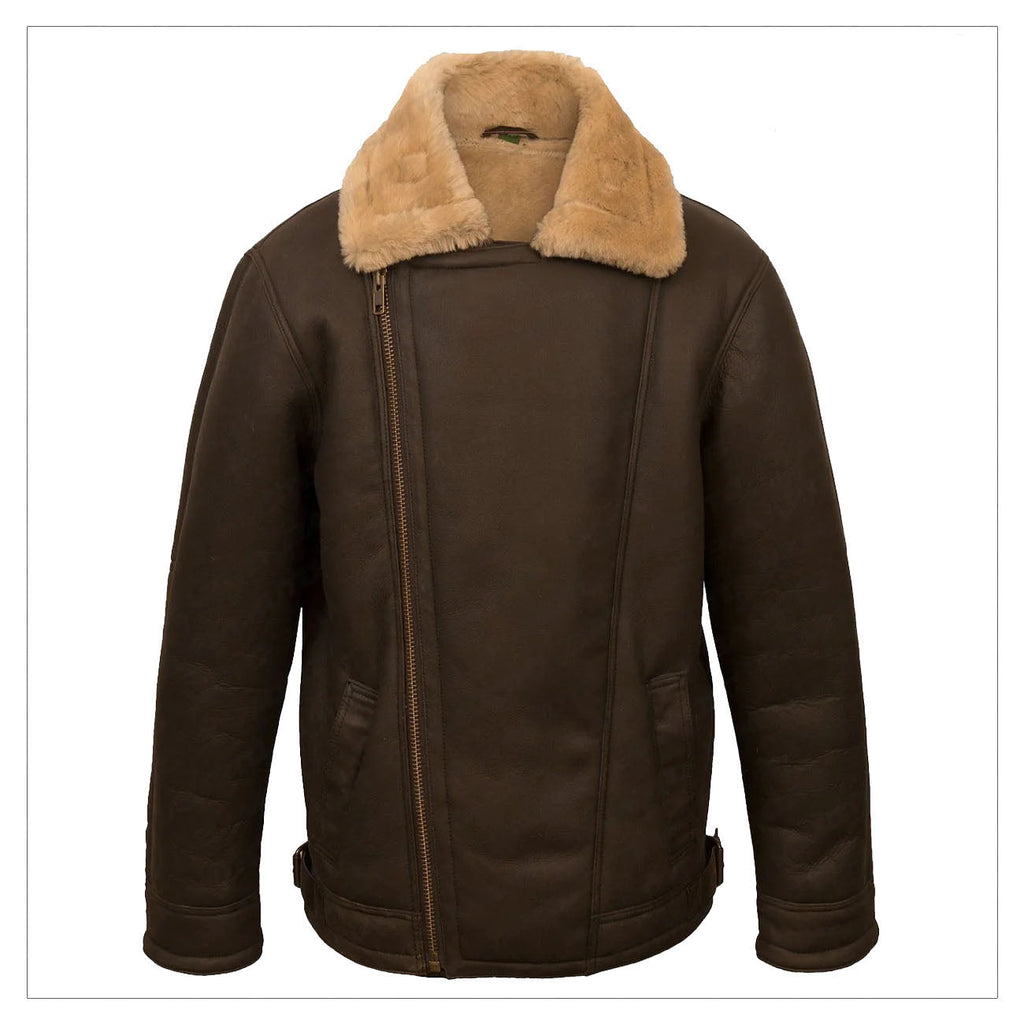 Men Sheepskin Aviator B3 Flight Bomber Fur Collar Brown Shearling Leather Jacket