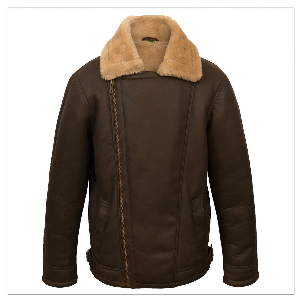 Men Sheepskin Aviator B3 Flight Bomber Fur Collar Brown Shearling Leather Jacket