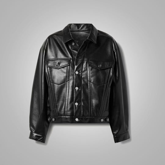 Women's Black Smooth Simple Button Closure Leather Blend Shirt