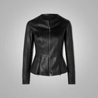Women's Black Leather Shirt with Stretch Cotton and Concealed Zip