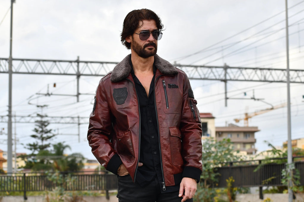 Reddish Brown Patched Goatskin Leather Bomber Jacket