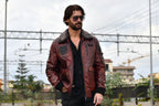 Reddish Brown Patched Goatskin Leather Bomber Jacket