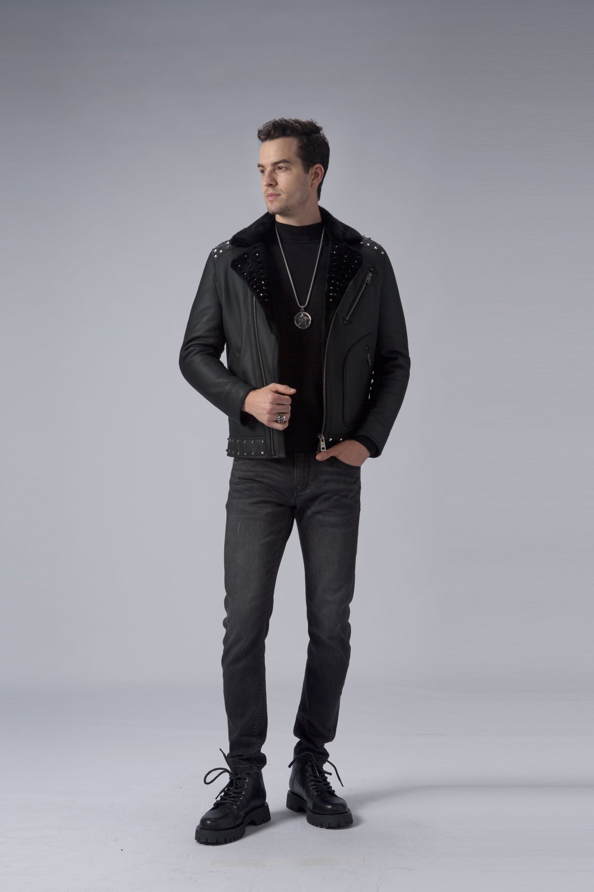 Black Biker Studded Real Shearling Sheepskin Leather Jacket