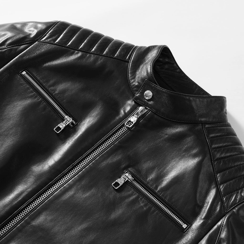Men's 100% Goatskin Classic Black Leather Motorcycle Racer Jacket