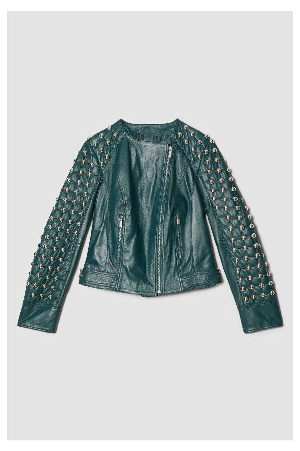 Women’s Chocolate Green Silver Spiked Studded Retro Motorcycle Leather Jacket