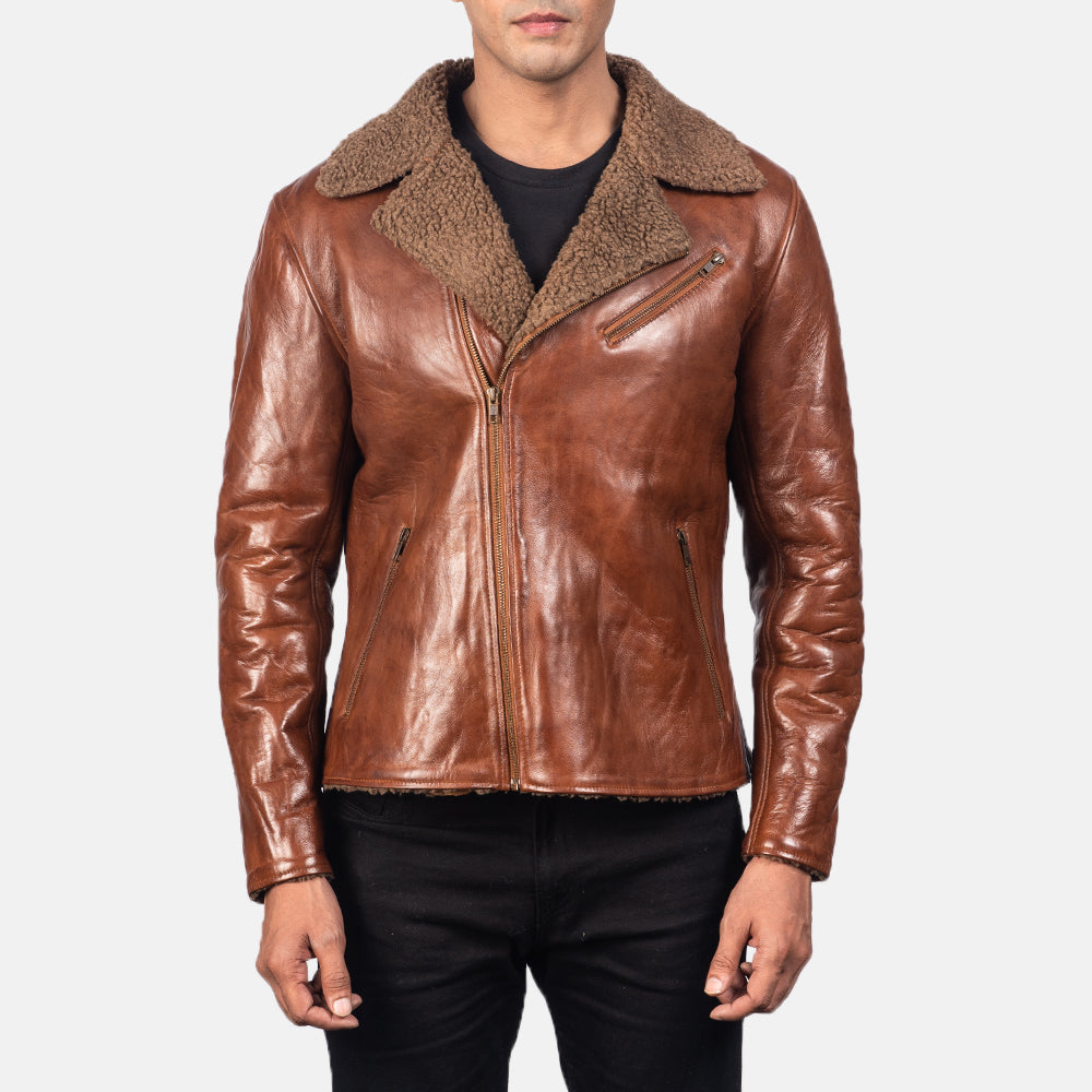 New Alberto Brown Shearling Moto Riding Men Biker Leather Jacket