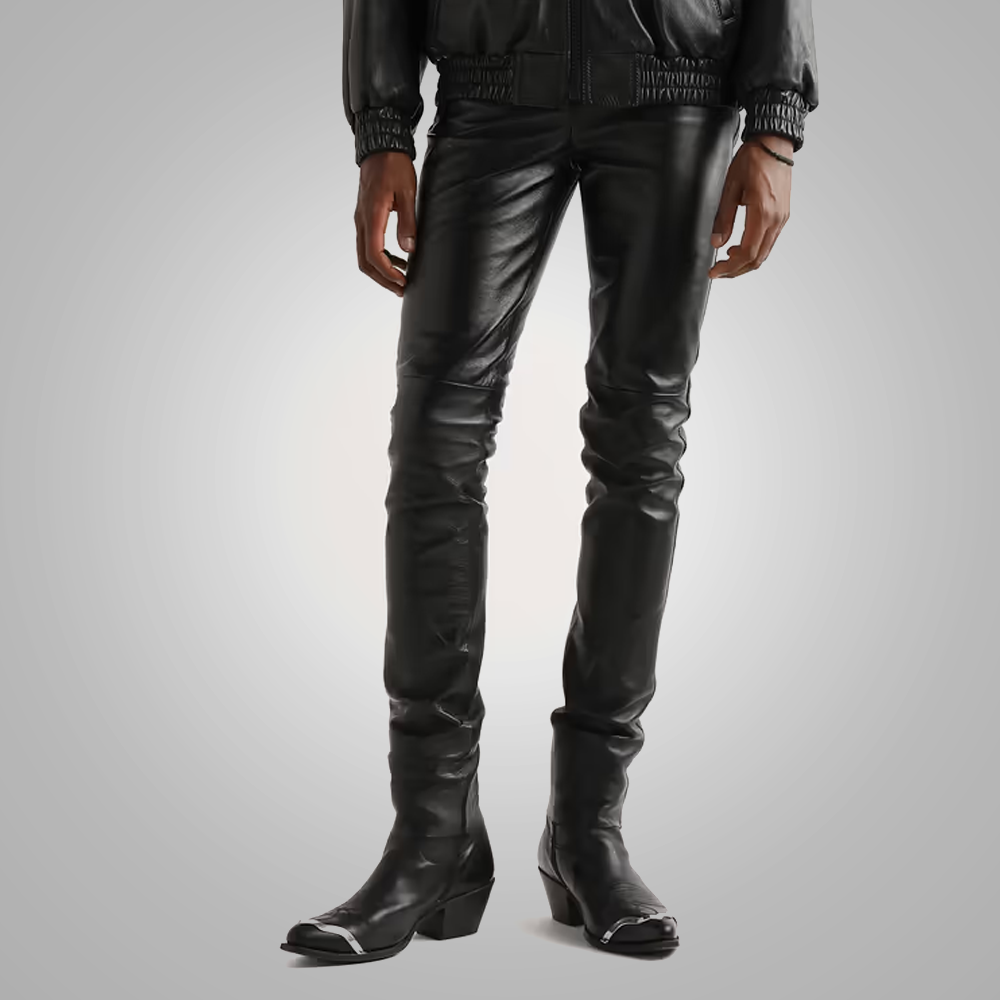 Men's Black Sheepskin Leather Biker Jeans