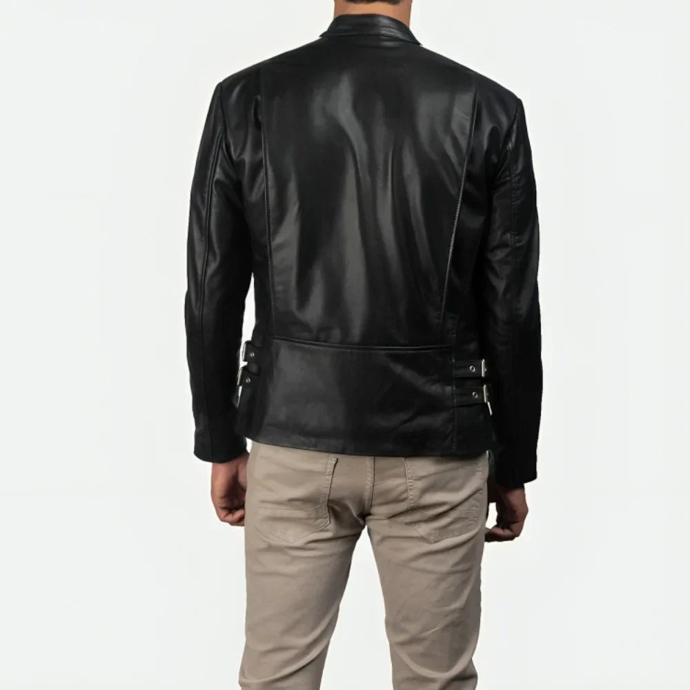 Mens White Striped Leather Cafe Racer Jacket