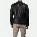 Mens White Striped Leather Cafe Racer Jacket