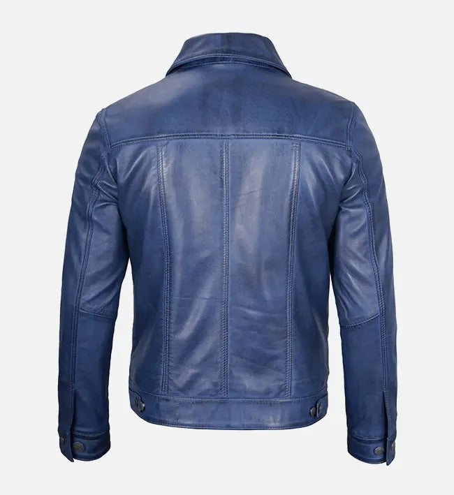 Avanzar Men's Blue Trucker Leather Jacket