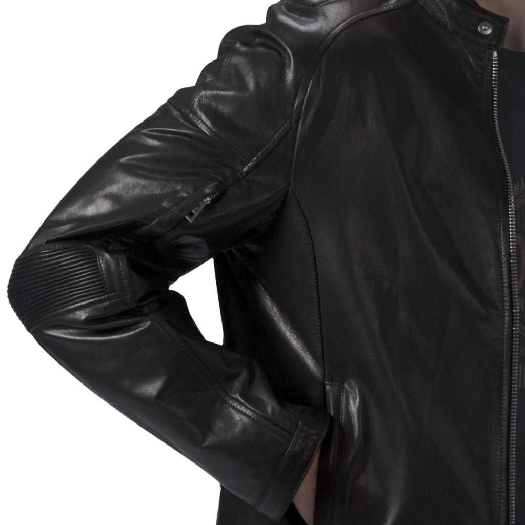 Classic Black Leather Racer Jacket Zip Up Moto Jacket