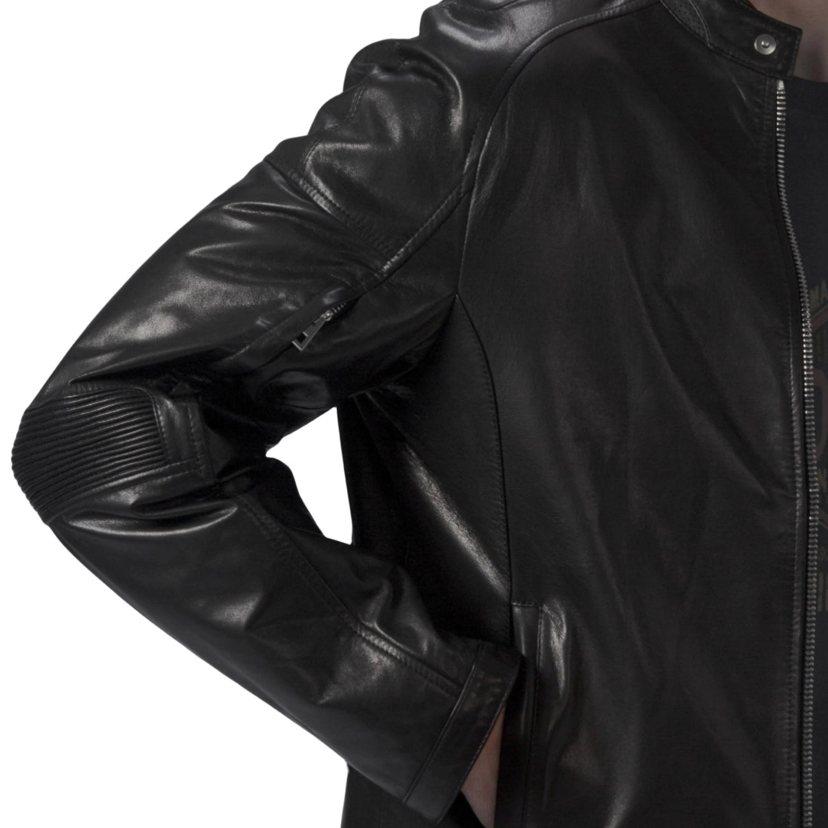 Classic Black Leather Racer Jacket Zip Up Moto Jacket