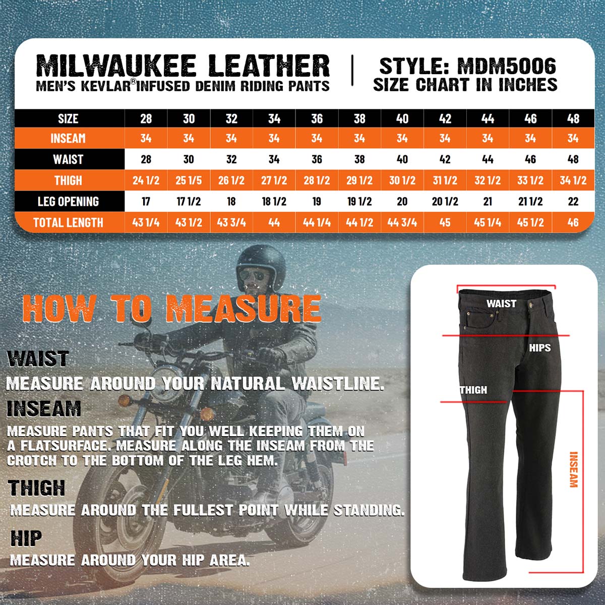 Milwaukee Leather MDM5006 Men's 5 Black Pocket Tear Resistant Motorcycle Denim Jeans Infused w/ Aramid Fibers