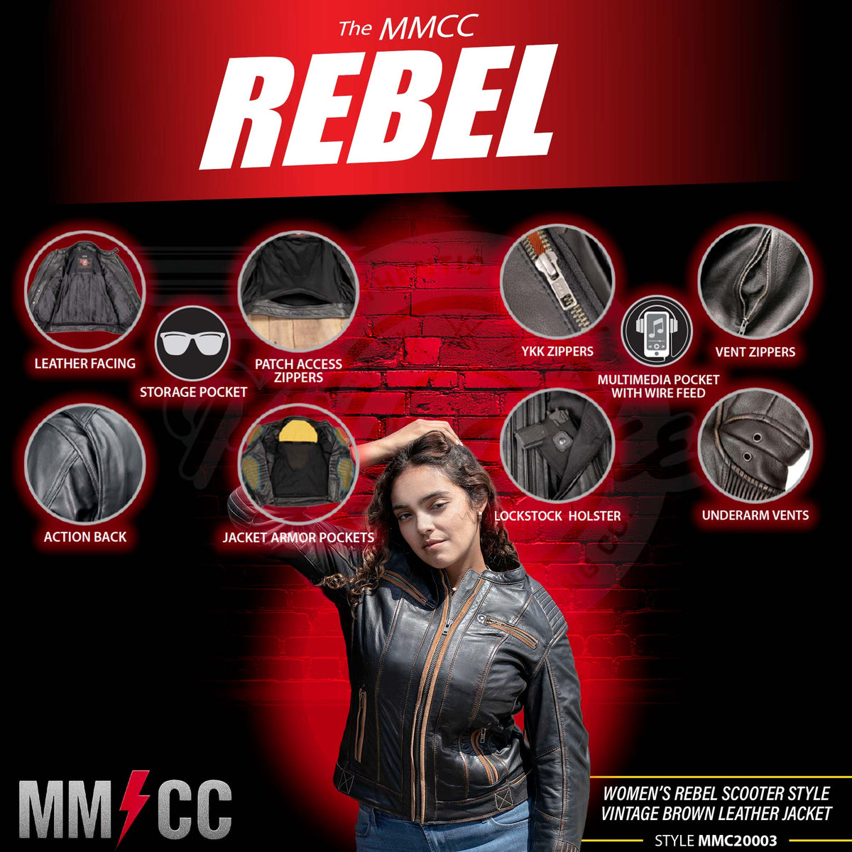 MMCC Women's Rebel Brown Leather Motorcycle Jacket - MMC20003