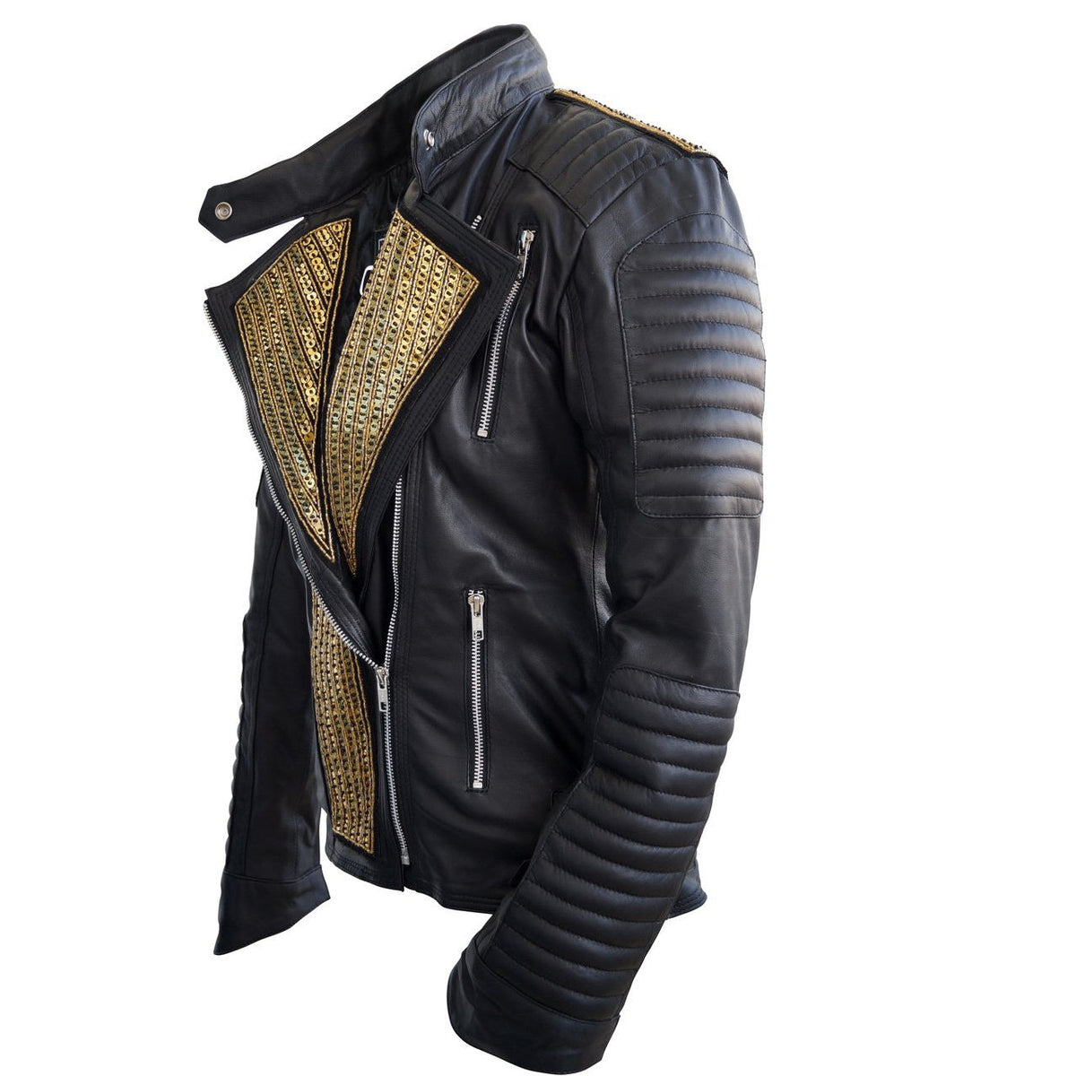 Leather Skin Women Black Genuine Leather Jacket with Gold Stars