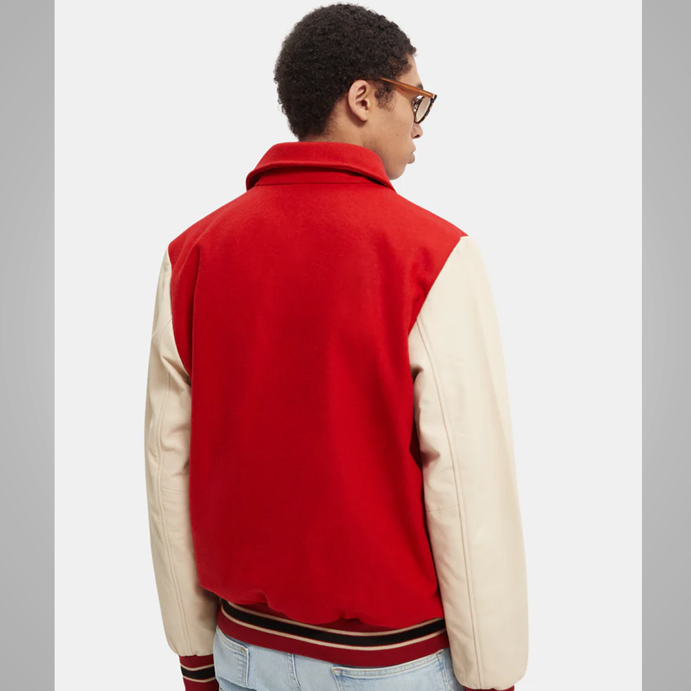 Red Varsity Letterman Jacket with Cream Sleeves