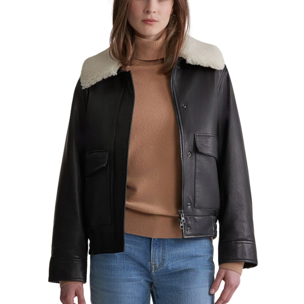 Womens Black Leather Jacket with Shearling Collar