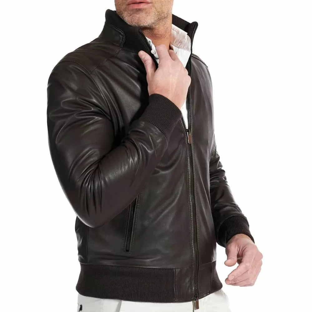 Chocolate Brown Leather Bomber Jacket