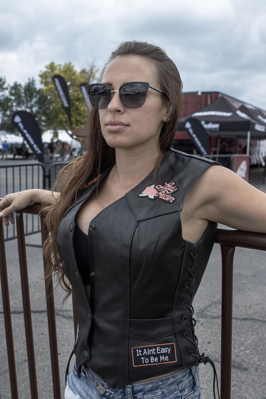Event Leather ELL4900 Women's Classic Black Genuine Leather Side Laced Motorcycle Riders Vest w/ 9 Patches
