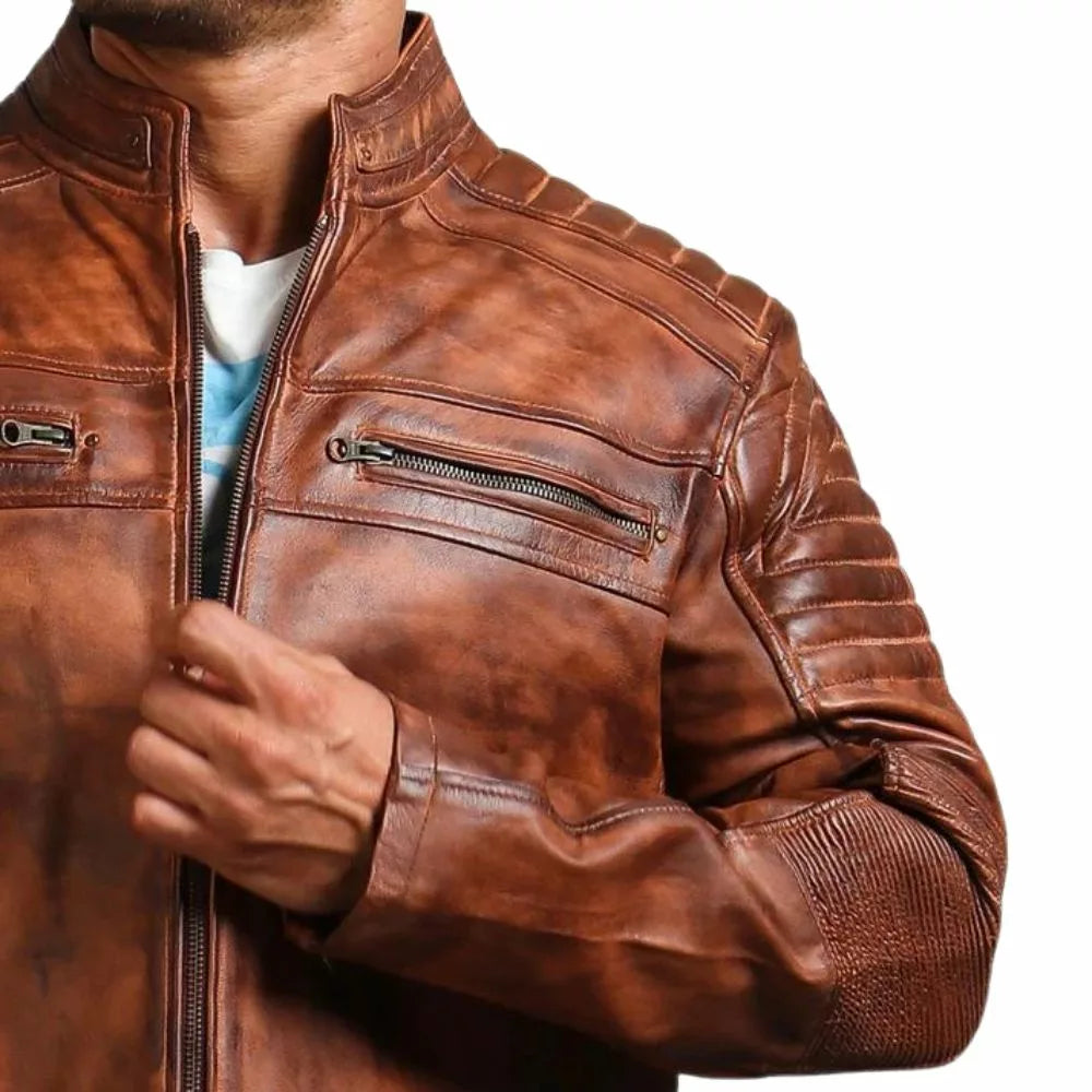 Mens Vintage Cafe Racer Distressed Brown Motorcycle Leather Jacket