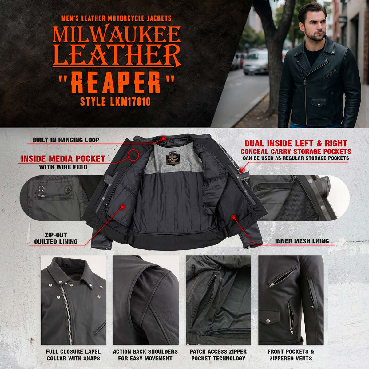Milwaukee Leather LKM17010 Men's Reaper Premium Matte Black Leather Motorcycle Biker Riders Jacket