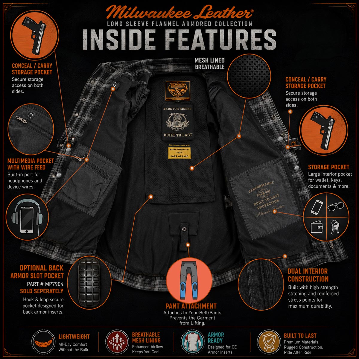 Milwaukee Leather MPM1623 Men's Black CE Armored Long Sleeve Biker Shirt Jacket Reinforced w/ Aramid Fibers