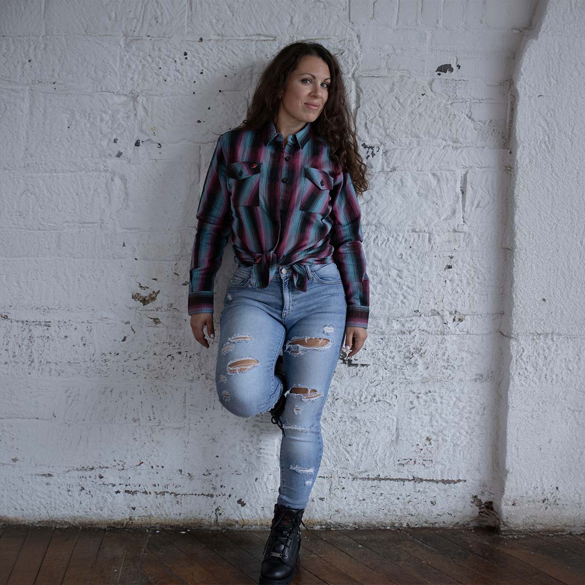 Milwaukee Leather MNG21612 Women's Black and Pink with Blue Long Sleeve Cotton Flannel Shirt