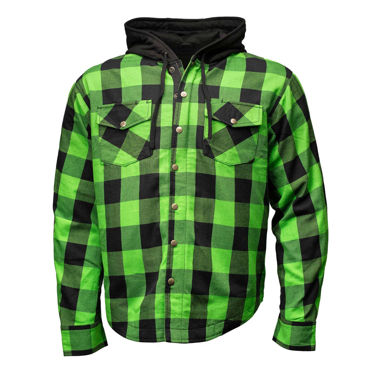 Milwaukee Leather Men’s Titans Green and Black Plaid Hooded Riding Shirt w/ CE Armor & Aramid Fiber Panels - MPM1659
