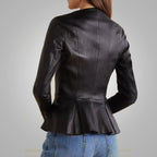 Women's Black Leather Shirt with Stretch Cotton and Concealed Zip