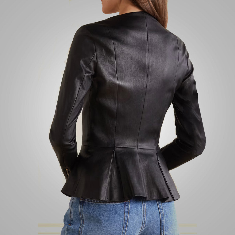 Women's Black Leather Shirt with Stretch Cotton and Concealed Zip