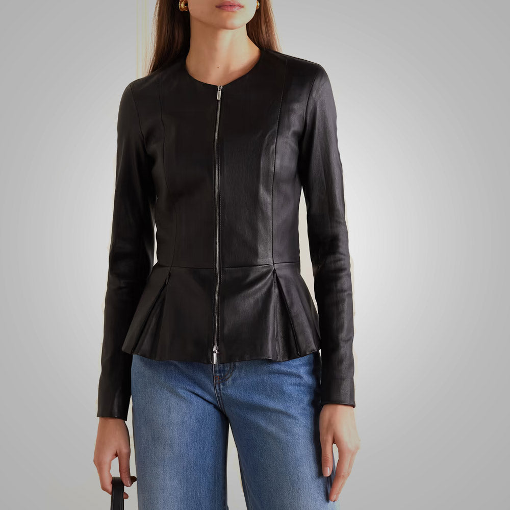 Women's Black Leather Shirt with Stretch Cotton and Concealed Zip