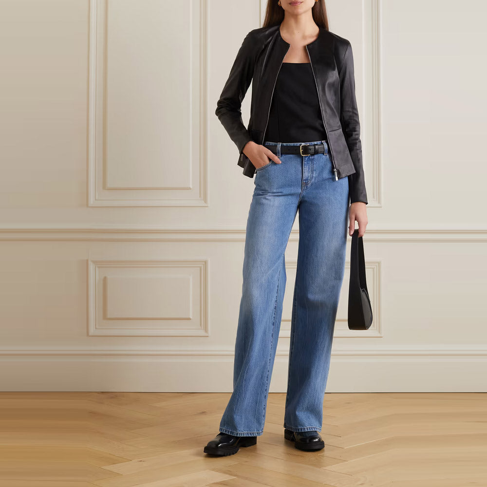 Women's Black Leather Shirt with Stretch Cotton and Concealed Zip