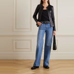 Women's Black Leather Shirt with Stretch Cotton and Concealed Zip