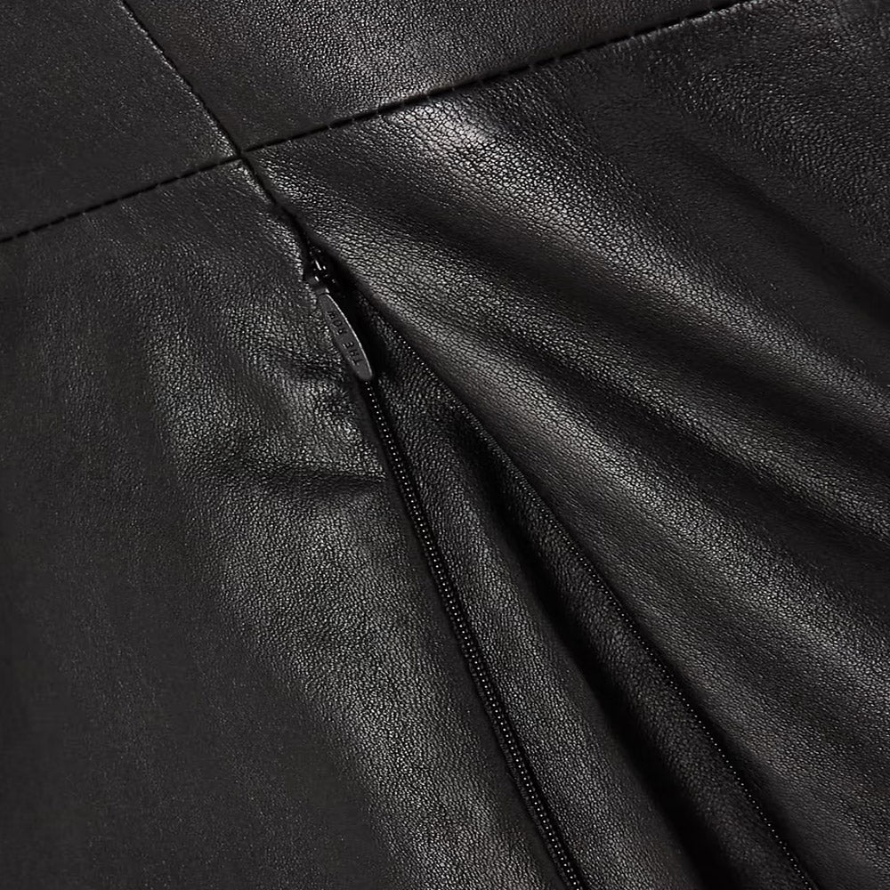 Women's Black Leather Shirt with Stretch Cotton and Concealed Zip