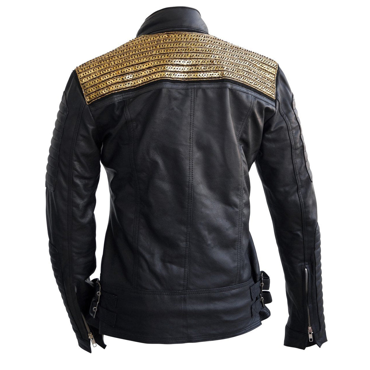 Leather Skin Women Black Genuine Leather Jacket with Gold Stars