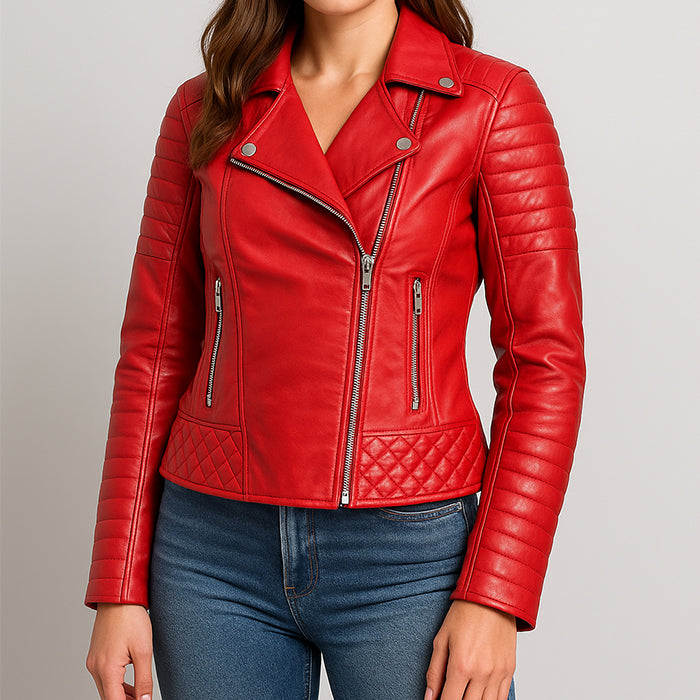 Women Quilted Red Biker Leather Jacket
