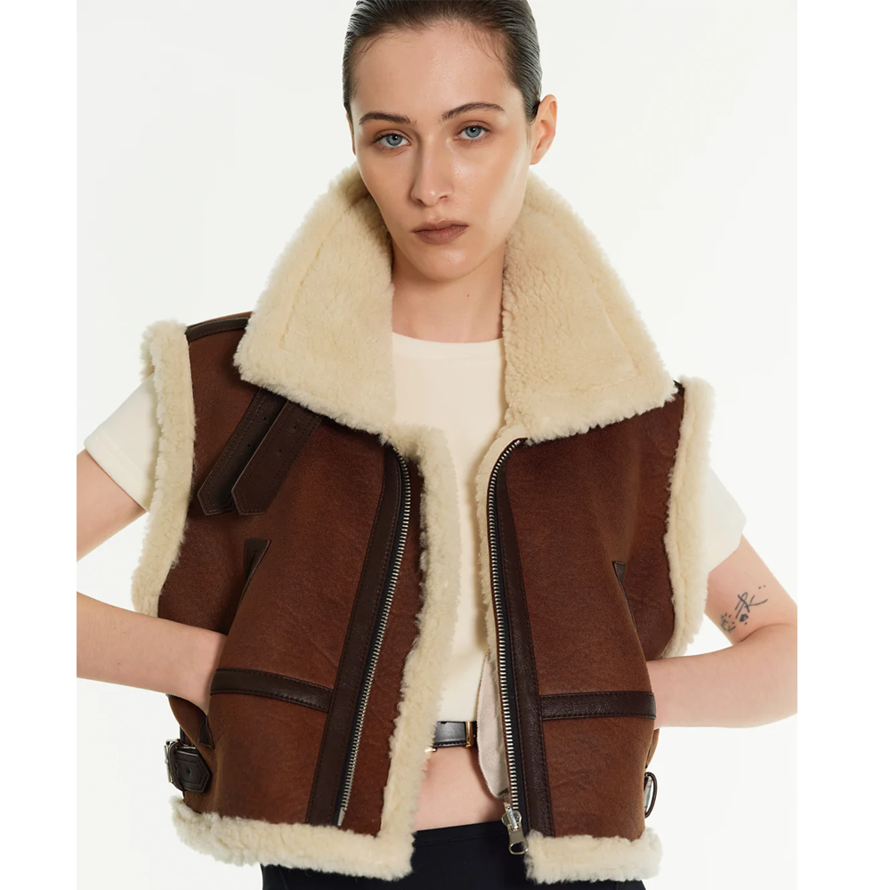 Women Sheepskin Brown Shearling Aviator Leather Vest