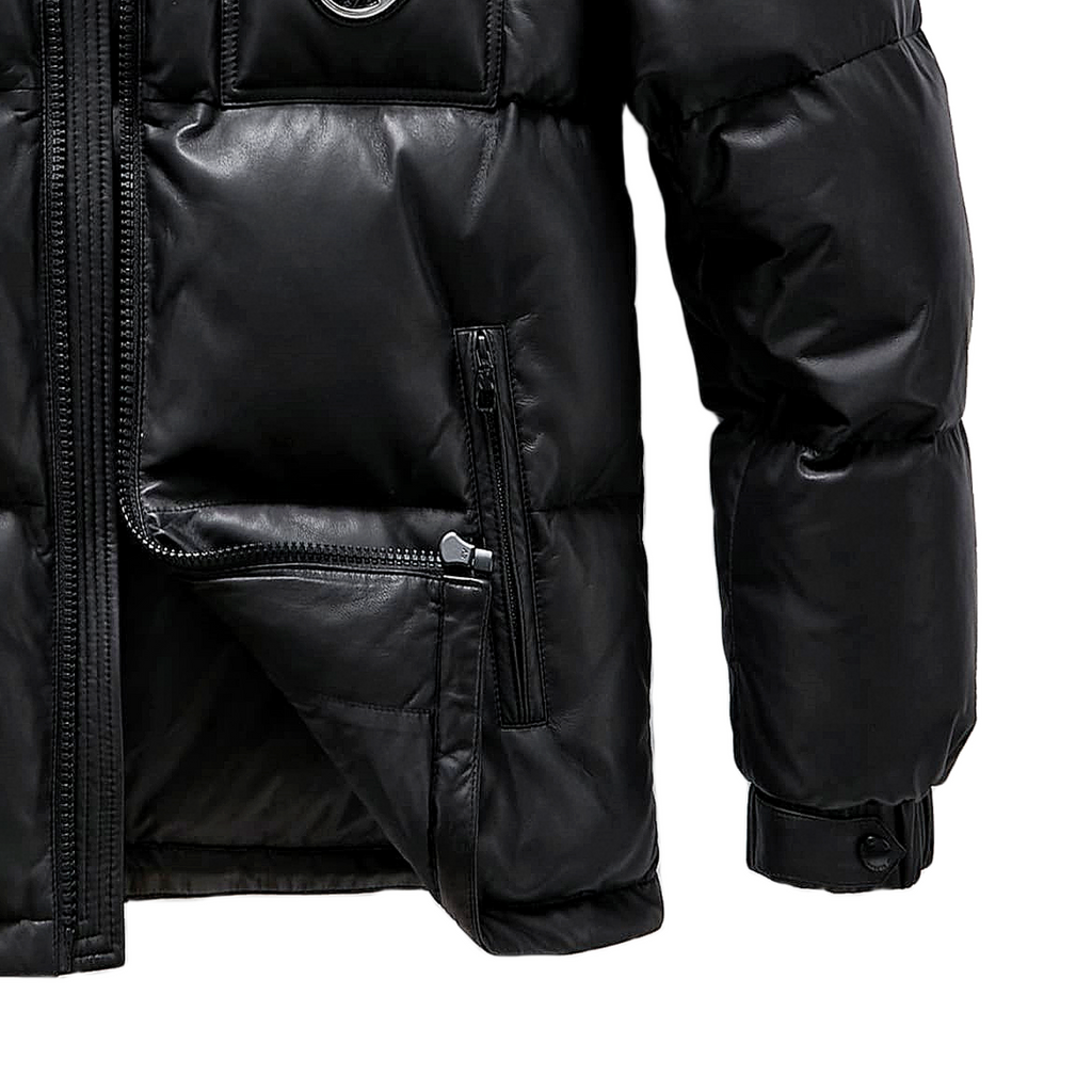 Black/White Goatskin Leather Bomber Hooded Down Jacket
