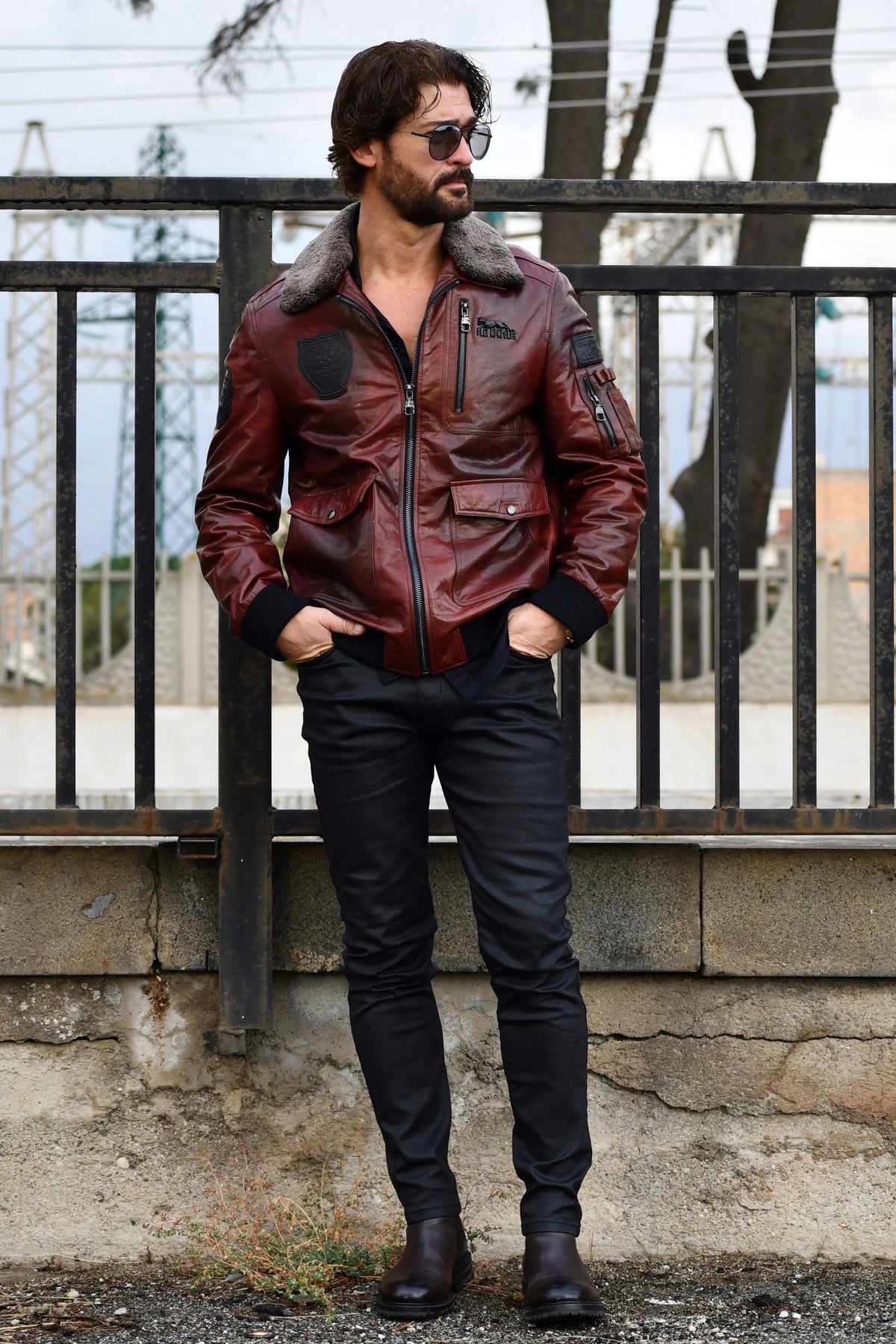 Reddish Brown Patched Goatskin Leather Bomber Jacket