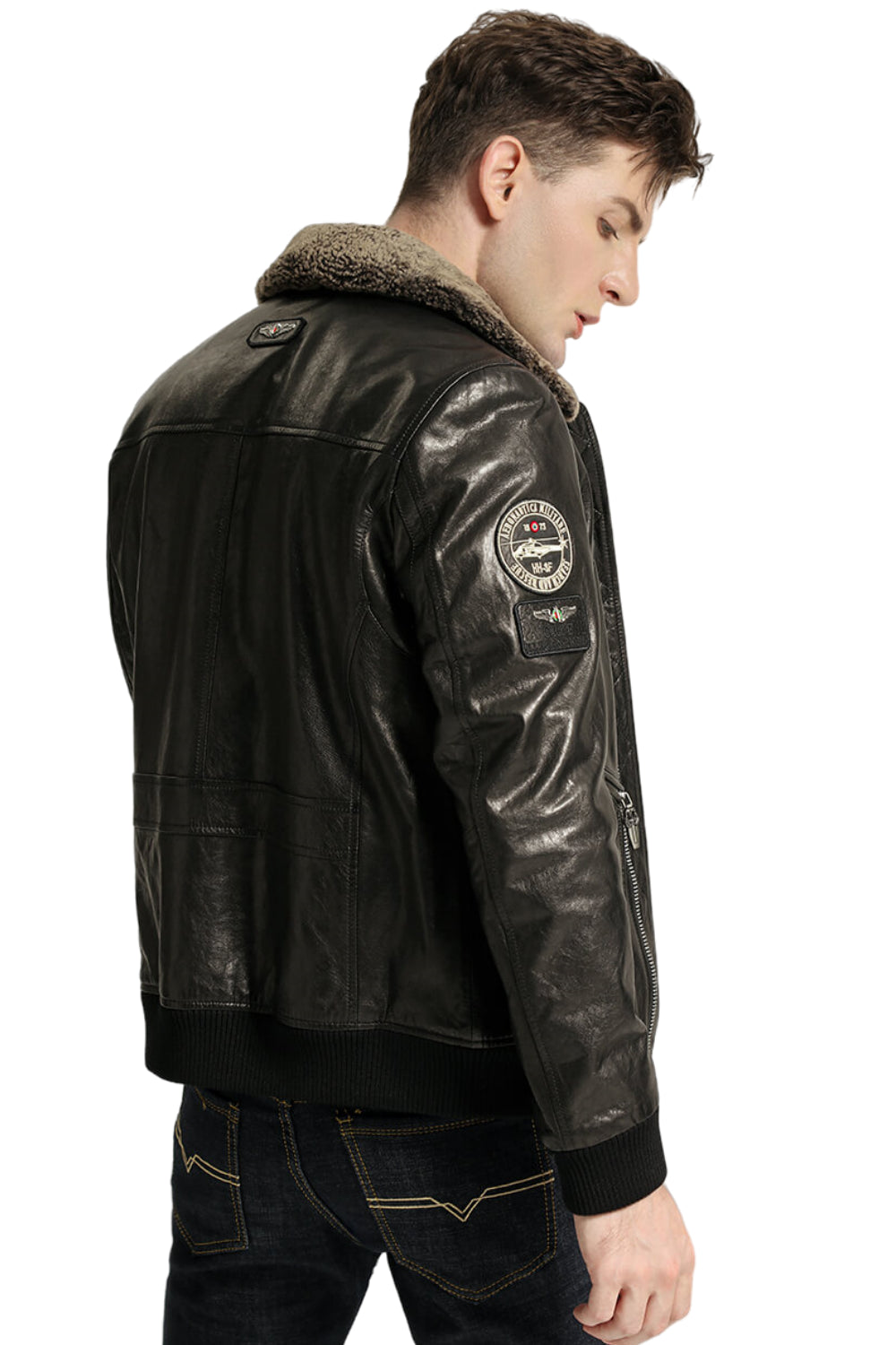 Black Lamb Fur Collar Goatskin Bomber Jacket