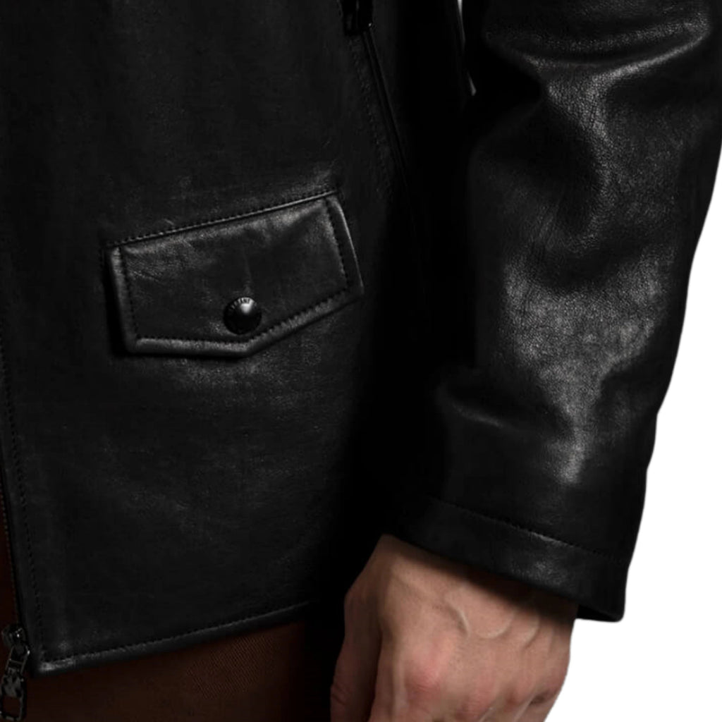Men's Matte Black Goatskin Genuine Leather Bomber Jacket