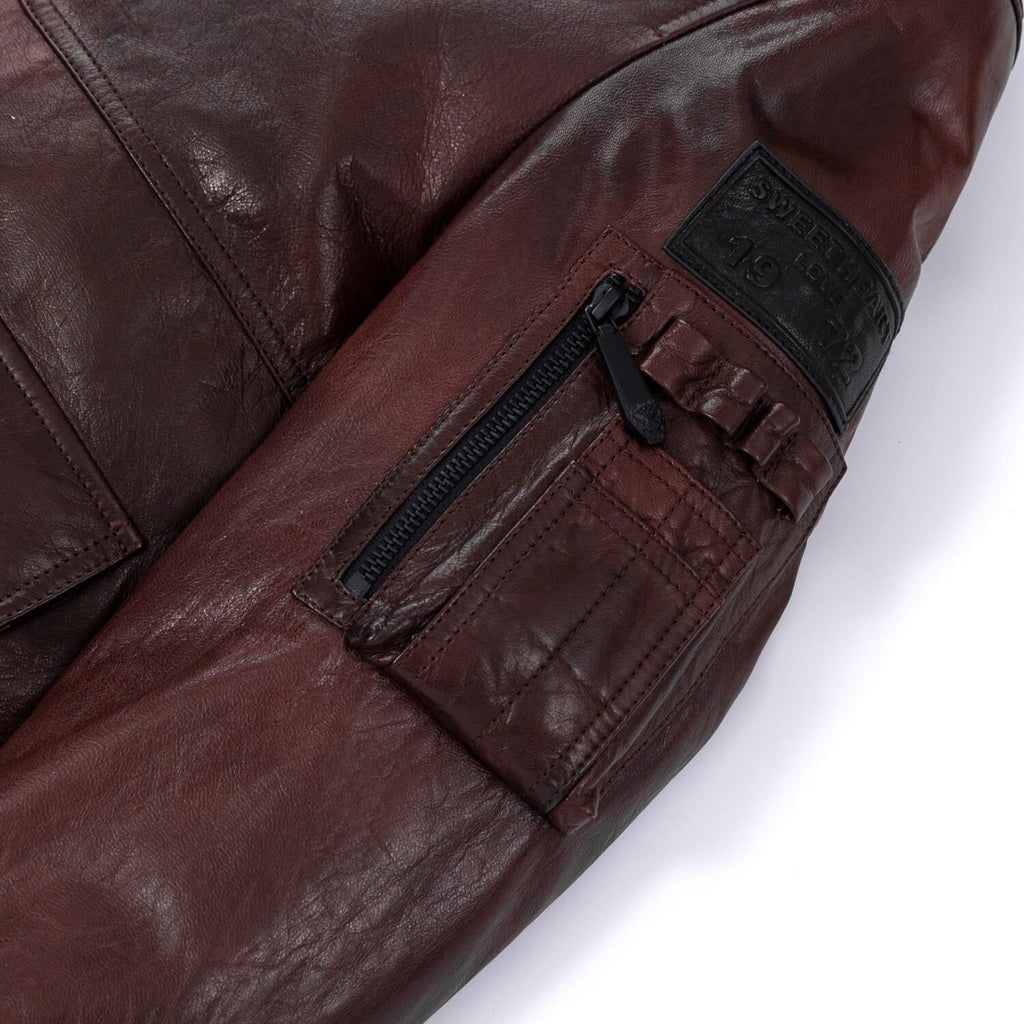 Reddish Brown Patched Goatskin Leather Bomber Jacket