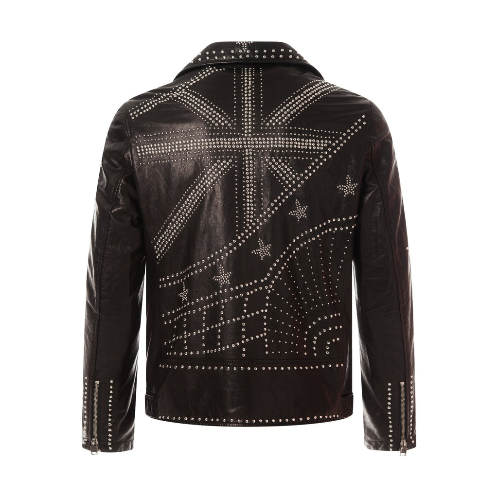 Black Rockstud Belted Genuine Leather Moto Jacket