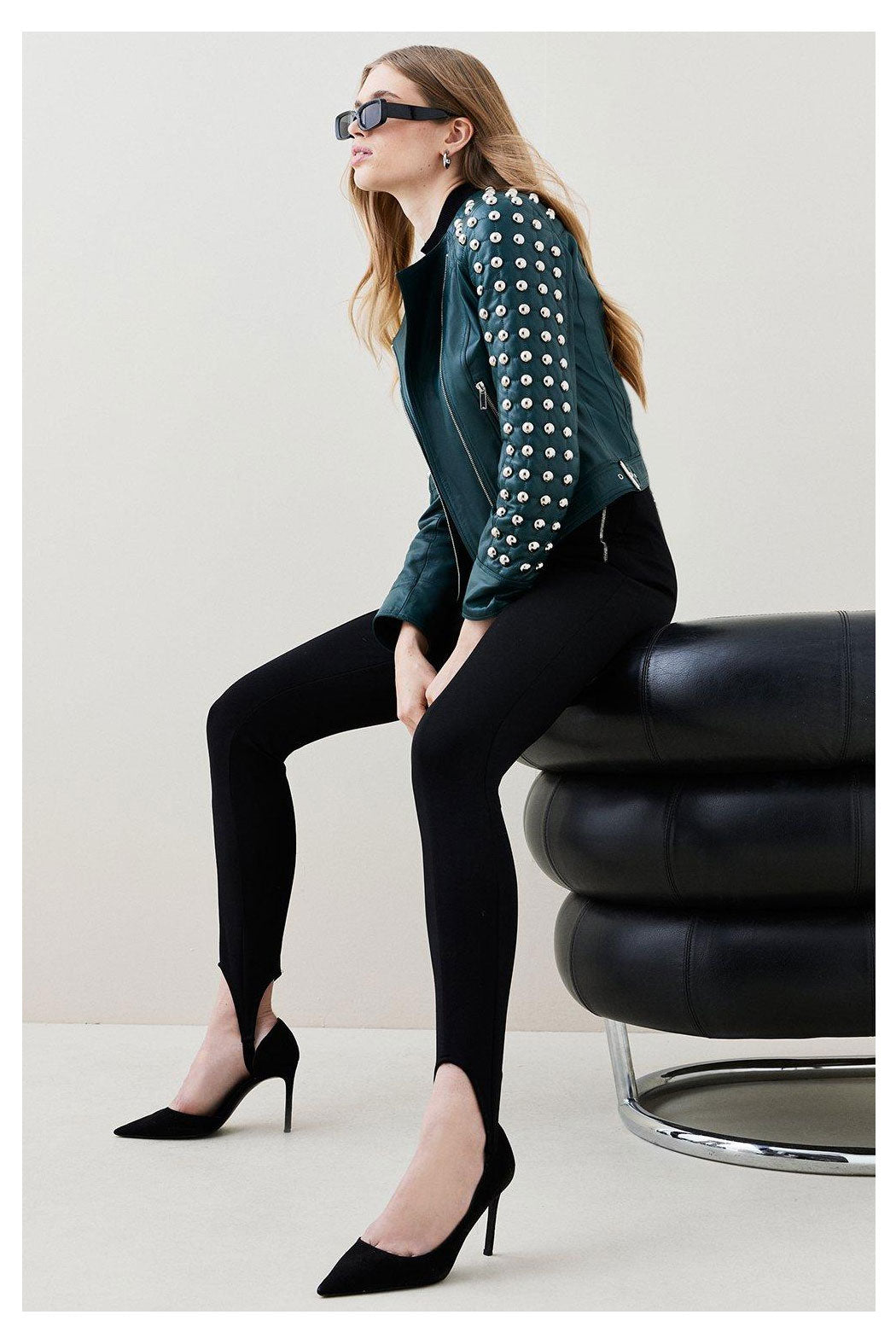 Women’s Chocolate Green Silver Spiked Studded Retro Motorcycle Leather Jacket