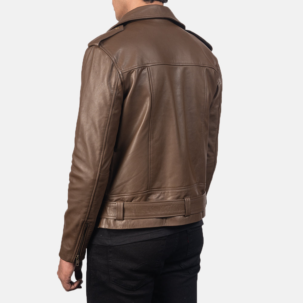 Men Mocha Motorbike Belted Racing Moto Biker Leather Jacket