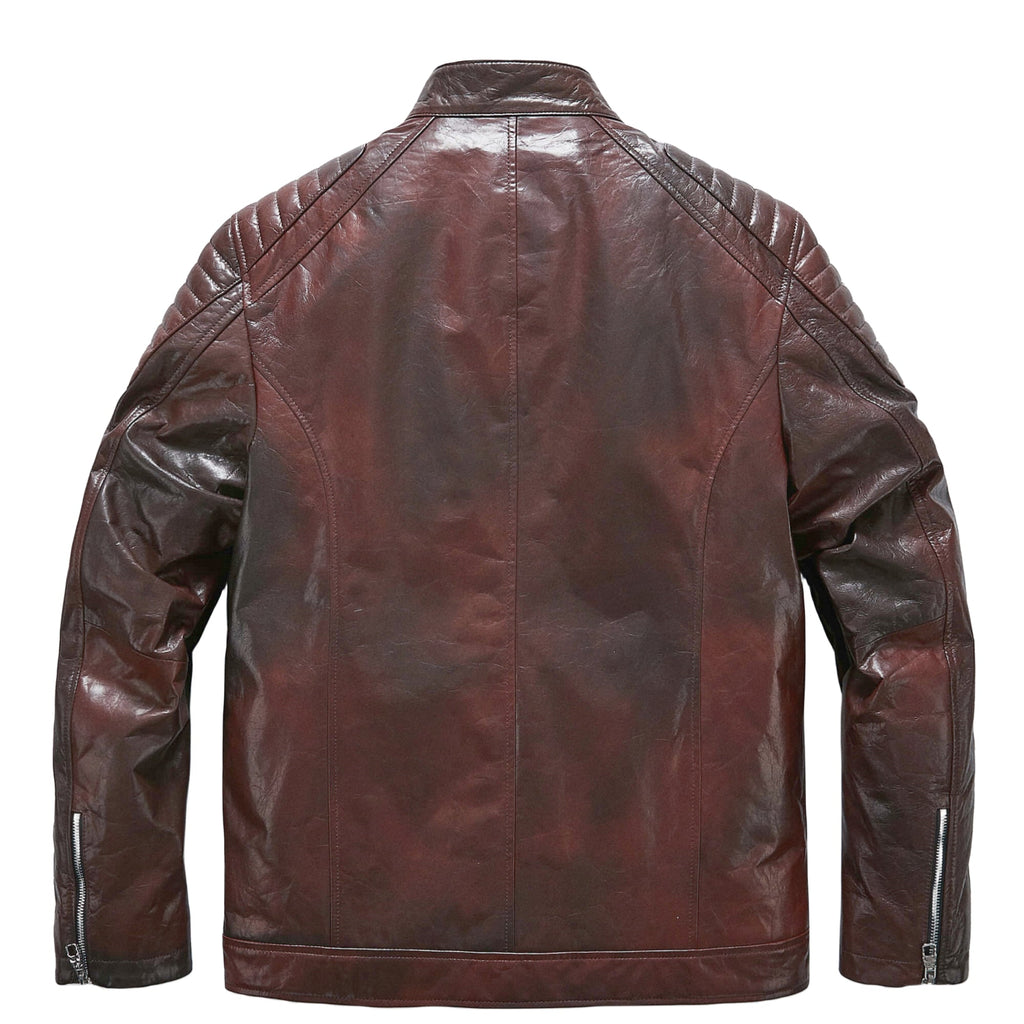 Men's Reddish Brown Goatskin Café Racer Leather Moto Jacket