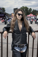 Hot Leathers Ladies Silver Fringe Black Leather Motorcycle Jacket - JKL1028
