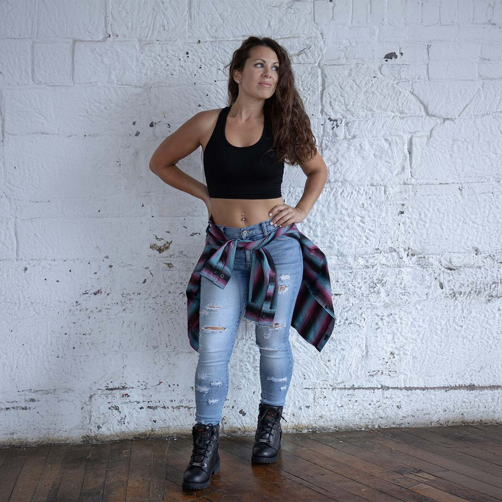 Milwaukee Leather MNG21612 Women's Black and Pink with Blue Long Sleeve Cotton Flannel Shirt