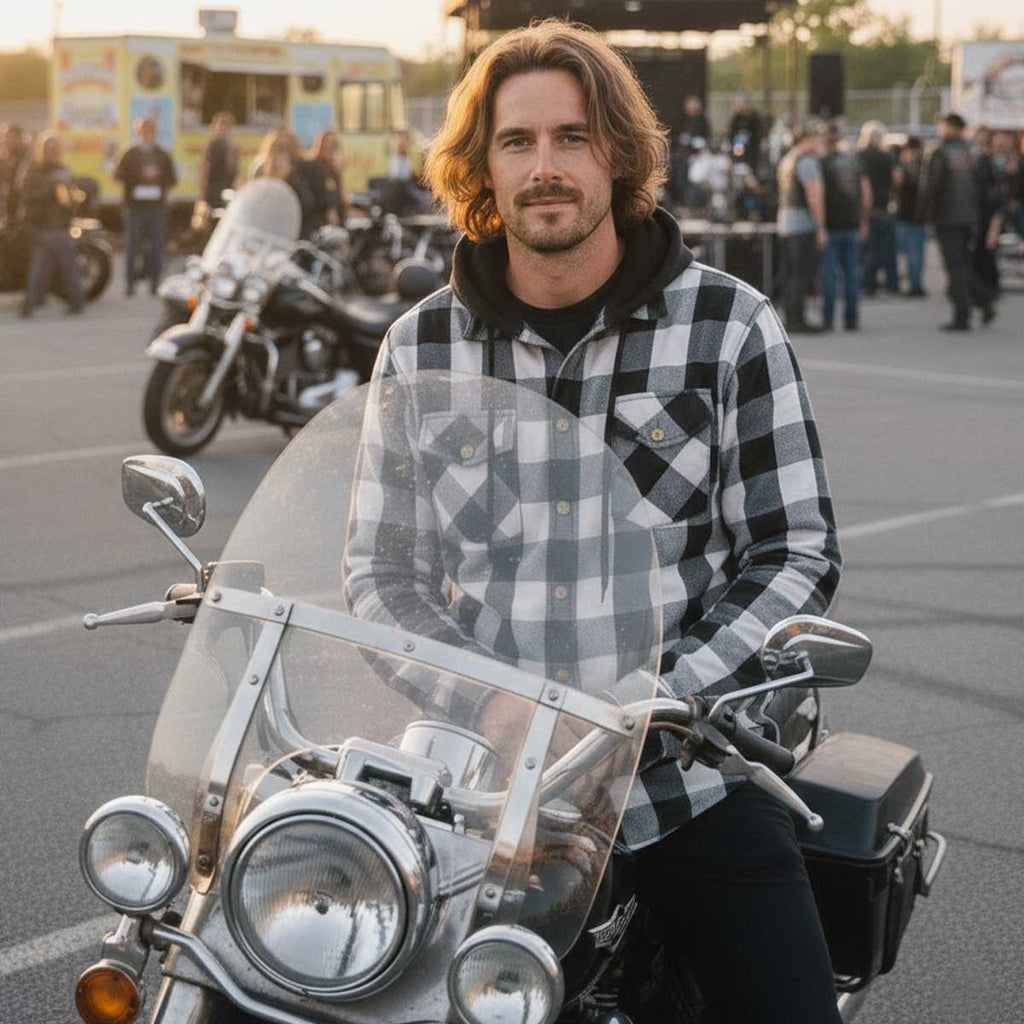Milwaukee Leather Men’s Othello Black & White Plaid Hooded Riding Shirt w/ CE Armor & Aramid Fiber Panels - MPM1629
